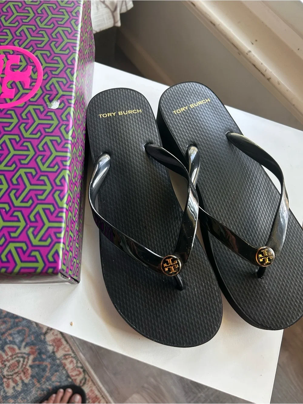 Tory Burch Black Platform Flip Flop Sandals with Gold Logo
